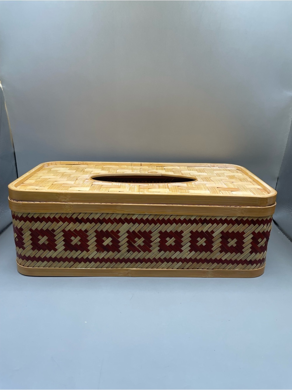 Vintage Bamboo Woven Red Geometric Design Tissue Box Cover With Lid 10.5x3.5”